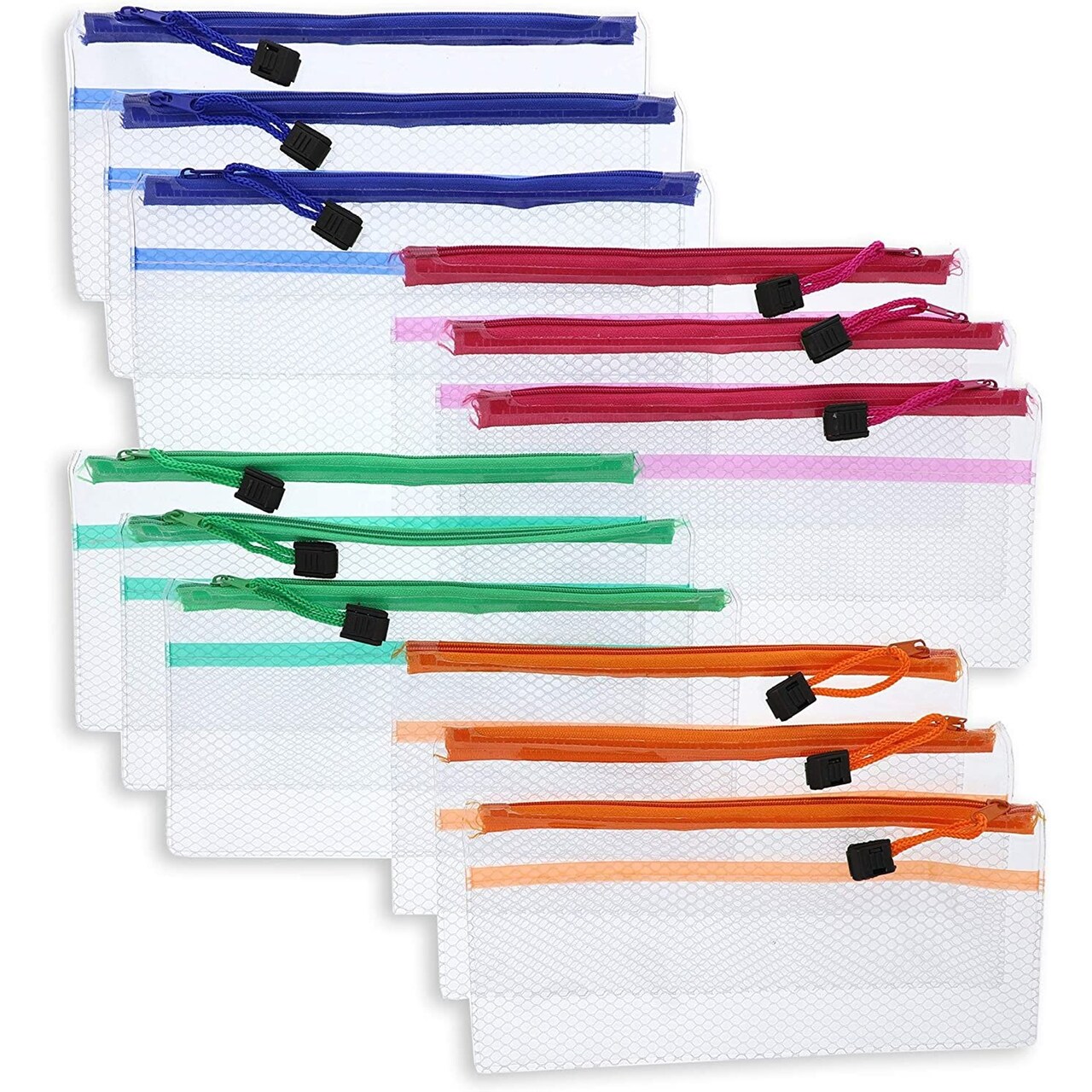12 Packs Waterproof Mesh Pencil Pouch Bag Case Holder Organizer Set with 4 Zipper Colors for Stationery Pen Makeup Office Supplies Accessories Travel, 9.4 x 4.5 inches